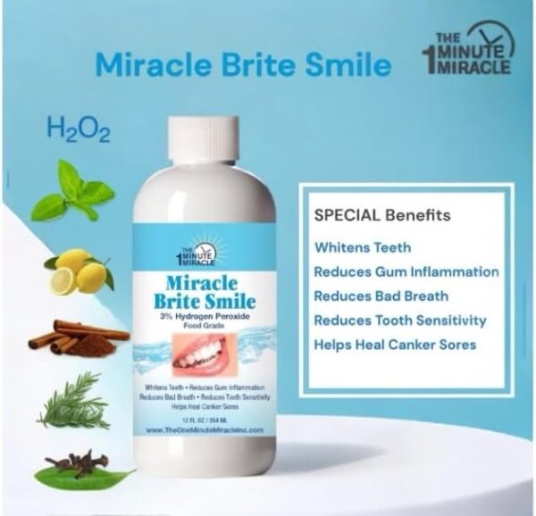 Miracle Brite Smile - 3% Hydrogen Peroxide MedicalFood Grade, Peppermint, Lemon, Clove Leaf, Cinnamon and Rosemary. Organic Essential Oils Leaving a Fresh Breath Mouth. 3 Bottles - 12 oz Bottles.