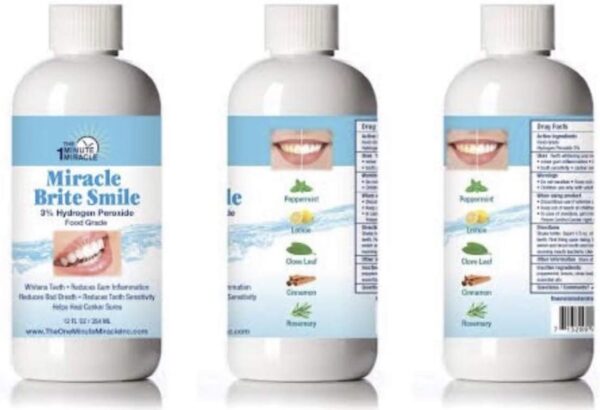Miracle Brite Smile - 3% Hydrogen Peroxide MedicalFood Grade, Peppermint, Lemon, Clove Leaf, Cinnamon and Rosemary. Organic Essential Oils Leaving a Fresh Breath Mouth. 3 Bottles - 12 oz Bottles.