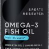 Sports Research Triple Strength Omega 3 Fish Oil - Burpless Fish Oil Supplement w/EPA & DHA Fatty Acids from Single-Source Wild Alaska Pollock - 1250 mg, 90 ct