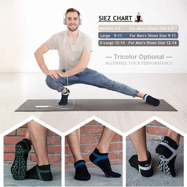 Muezna Men's Non-Slip Yoga Socks, Anti-Skid Pilates, Barre, Bikram Fitness Hospital Slipper Socks with Grips
