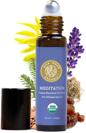 Organic Meditation Essential Oil Empowering Blend Roll On,100% Pure USDA Certified Aromatherapy for Chakra Healing, Focus, Calming, Mindfulness & Spiritual Well-Being -10ml Roller by Silk Road Organic