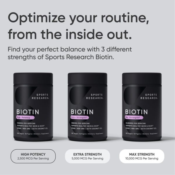 Sports Research Vegan Biotin 10,000mcg with Coconut Oil - Max Strength Biotin Vitamin B7 for Skin and Keratin Support - Non-GMO & Gluten Free, 120 Softgels (4 Month Supply)