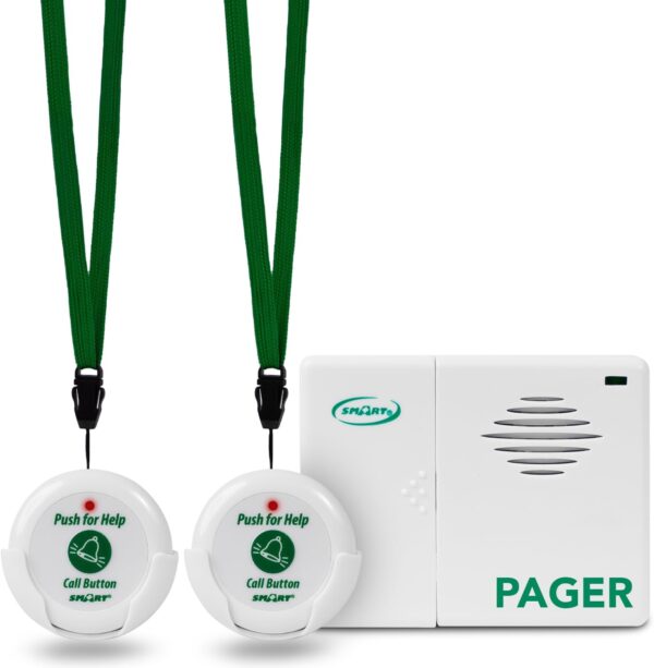 Smart Caregiver Two Call Buttons & Wireless Caregiver Pager for Fall Prevention and Elderly Assistance | Caregiver Call Button with Wearable Lanyard | Nurse Call Alert System with Up to 300' Range