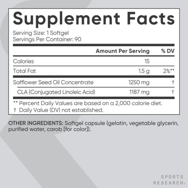 Sports Research CLA - 1250mg with Active Conjugated Linoleic Acid for Men and Women | Non-GMO, Soy & Gluten Free - 95% (90 Softgels)