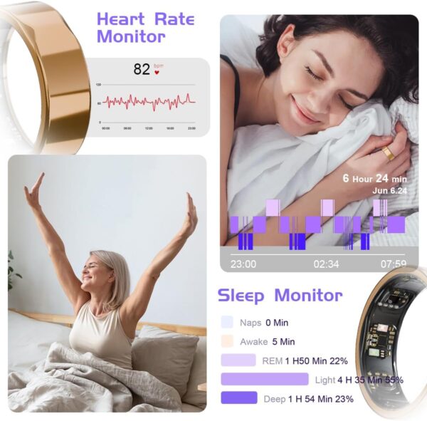 AI Smart Ring JCRing Gen4 Fitness&Sleep Tracking Wearable, Accurate Monitoring of Pedometer, Heart, Temperature, Titanium Ring with Charging Case, APP for iOS & Android(Gold Size11)
