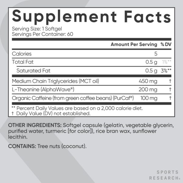 Sports Research L-Theanine Supplement with Caffeine & Coconut MCT Oil - Focused Energy, Alertness & Relaxation Without Drowsiness - 200mg L Theanine, 100mg Organic Caffeine - 60 Liquid Softgels