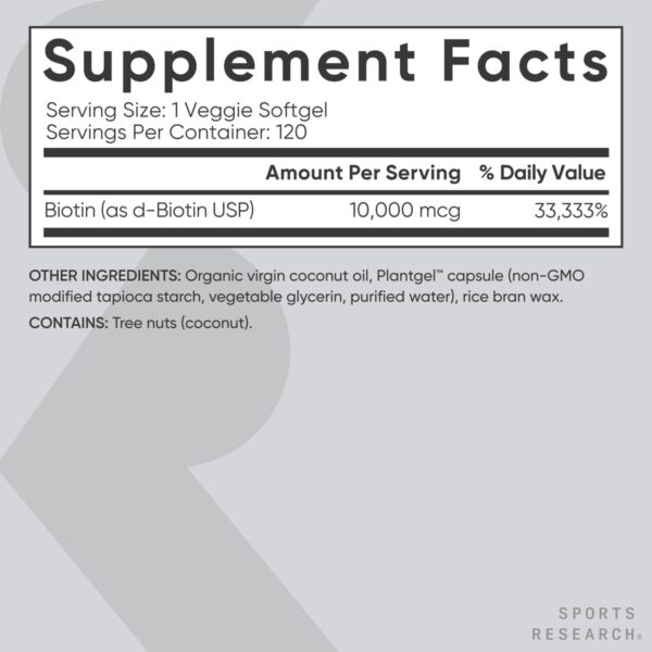 Sports Research Vegan Biotin 10,000mcg with Coconut Oil - Max Strength Biotin Vitamin B7 for Skin and Keratin Support - Non-GMO & Gluten Free, 120 Softgels (4 Month Supply)