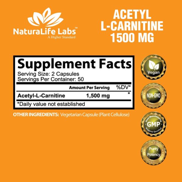 Acetyl L-Carnitine 1,500 mg High Potency Supports Energy Production, Sports Nutrition, Supports Memory/Focus - 100 Veggie Capsules