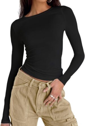 Abardsion Women's Casual Basic Going Out Crop Tops Slim Fit Short Sleeve Crew Neck Tight T Shirts