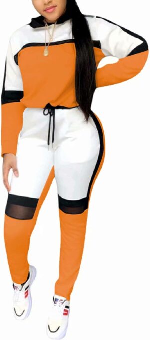 ThusFar Women's Casual Sweatsuit Two Piece Outfits Patchwork Net Color Block Pocket Hooded Top Pant Set Jogger Tracksuit