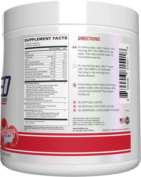 EHP Labs OxyShred Pre Workout Powder - Preworkout Powder with L Glutamine & Acetyl L Carnitine, Energy Boost Drink - Raspberry Refresh, 60 Servings