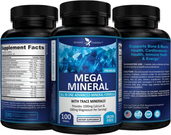 Potent Garden Mega Mineral Supplement Complete Mineral Complex with Calcium Magnesium Zinc Potassium Boron Selenium Chromium & 72 Trace Minerals Iron Free Calcium Supplement -100 Pills