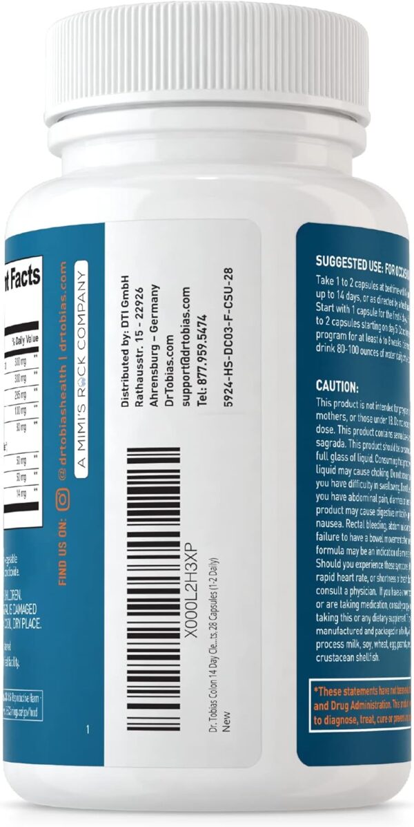 Dr. Tobias Colon 14 Day Cleanse, Advanced Gut Cleanse Detox for Women & Men with Cascara Sagrada, Psyllium Husk, Senna Leaf & Probiotics, Non-GMO Colon Cleanse, 28 Capsules 1-2 Daily