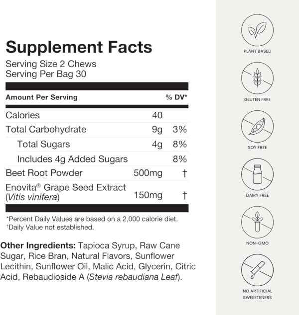 712tFLB7XKL._AC_SL1500_.jpg humanN SuperBeets Heart Chews, Nitric Oxide and Blood Pressure Support, Grape Seed Extract & Non-GMO Beet Root Powder Energy Supplement, Pomegranate Berry Flavor, 60 Count