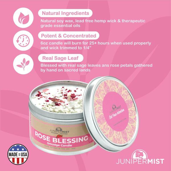 Rose Smudge Candle (6 Oz) - for Meditation & Cleansing Negative Energy - Made in USA with Soy Wax, Essential Oils, Real Sage - Smokeless Alternative to Sage Smudge Sticks