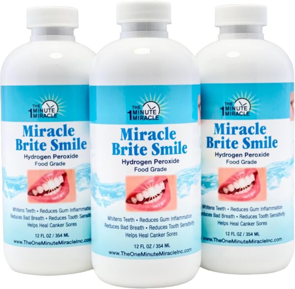 Miracle Brite Smile - 3% Hydrogen Peroxide MedicalFood Grade, Peppermint, Lemon, Clove Leaf, Cinnamon and Rosemary. Organic Essential Oils Leaving a Fresh Breath Mouth. 3 Bottles - 12 oz Bottles.