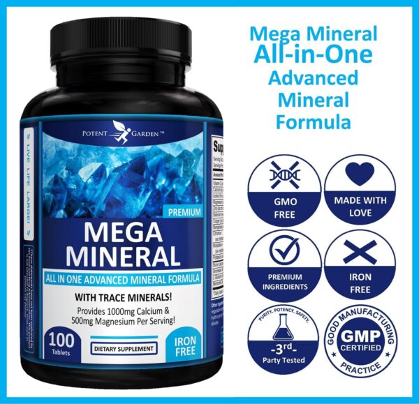 Potent Garden Mega Mineral Supplement Complete Mineral Complex with Calcium Magnesium Zinc Potassium Boron Selenium Chromium & 72 Trace Minerals Iron Free Calcium Supplement -100 Pills