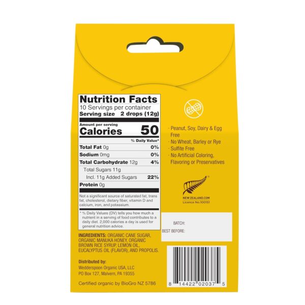 Wedderspoon Organic Manuka Honey Drops, Lemon & Bee Propolis, 20 Count (Pack of 1) | Genuine New Zealand Honey | Perfect Remedy For Dry Throats