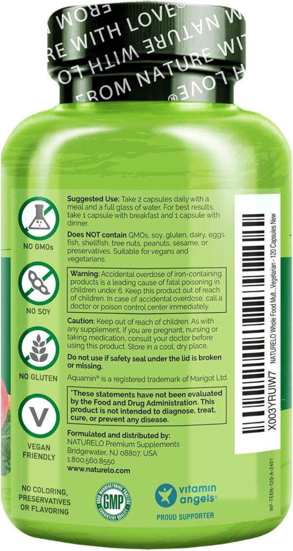 NATURELO Whole Food Multivitamin for Teens - with Vitamins & Minerals for Teenage Boys & Girls - Supplement for Active Kids - Non-GMO - Vegan & Vegetarian - 120 Capsules