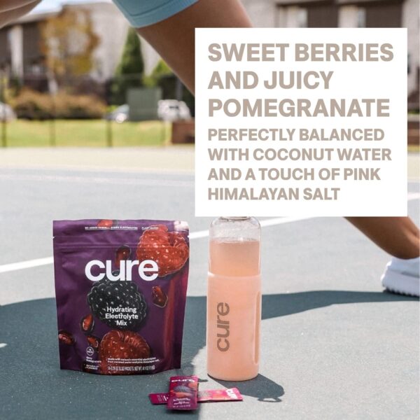 Cure Hydrating Plant Based Electrolyte Mix | Powder for Dehydration Relief | Made with Coconut Water | Non-GMO | No Added Sugar | FSA & HSA | Vegan | Box of 8 Packets - Berry Pomegranate