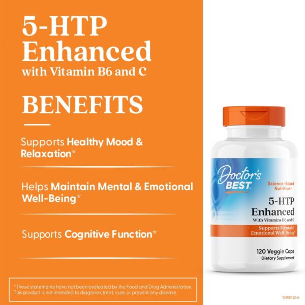 Doctor's BEST 5-HTP Enhanced with Vitamins B6 and Vitamin C, Supports Mental & Emotional Well-Being, Non-GMO, Vegan, Gluten Free, Soy Free, 100 Mg, 120 Veggie Caps