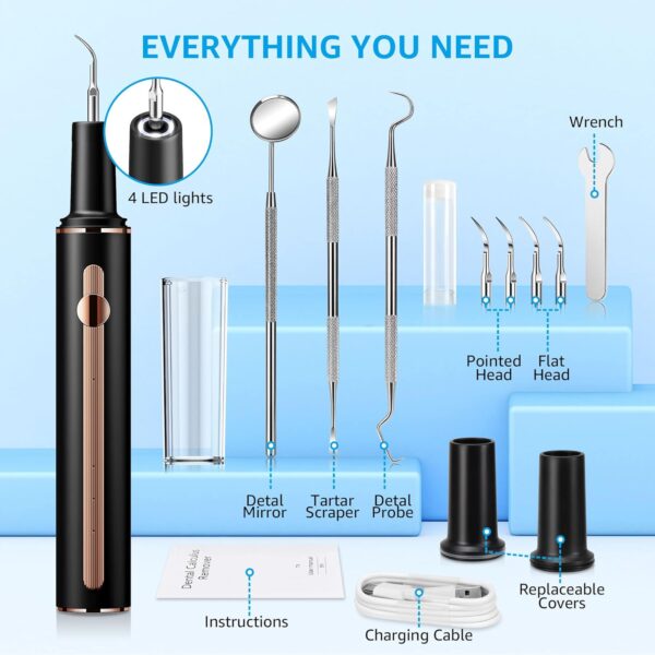 Plaque Remover for Teeth, Teeth Cleaning Kit with Ultrasonic Tooth Cleaner and Dental Tools, Dental Picks for Teeth Cleaning and Rechargeable Plaque Blaster with LED, Tartar Remover, 4 Heads