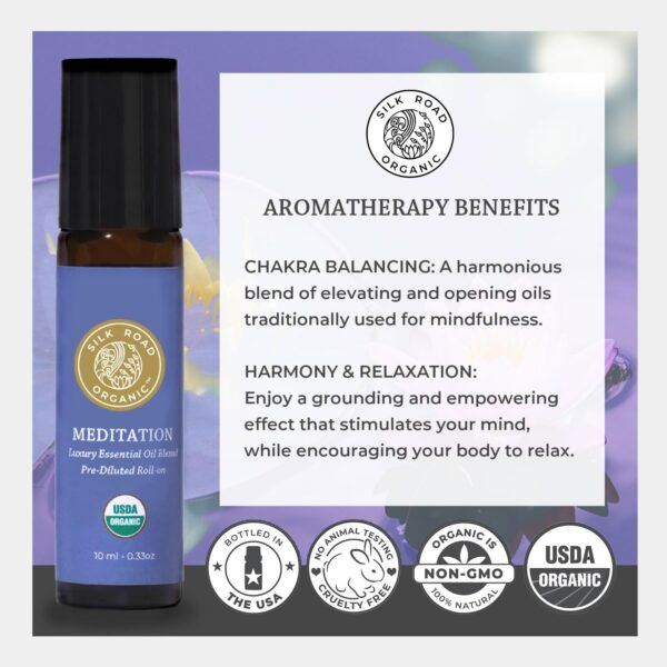Organic Meditation Essential Oil Empowering Blend Roll On,100% Pure USDA Certified Aromatherapy for Chakra Healing, Focus, Calming, Mindfulness & Spiritual Well-Being -10ml Roller by Silk Road Organic