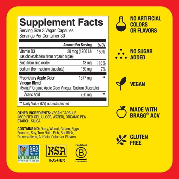 Bragg Apple Cider Vinegar Capsules with Vitamin D and Zinc - 90 Capsules - Supports The Immune System