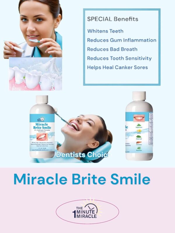 Miracle Brite Smile - 3% Hydrogen Peroxide MedicalFood Grade, Peppermint, Lemon, Clove Leaf, Cinnamon and Rosemary. Organic Essential Oils Leaving a Fresh Breath Mouth. 3 Bottles - 12 oz Bottles.