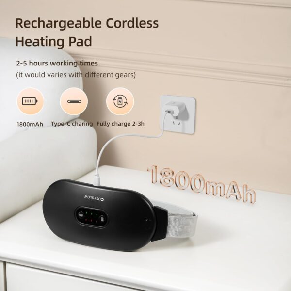 Portable Cordless Heating Pad Cramps:COSYGLOW 6 Heat Levels 6 Massage Modes,FSA HSA Eligible,3S Fast Heating,Period Menstrual Electric Heating Pad for Back Pain Relief,Gifts for Women and Girls(Black)