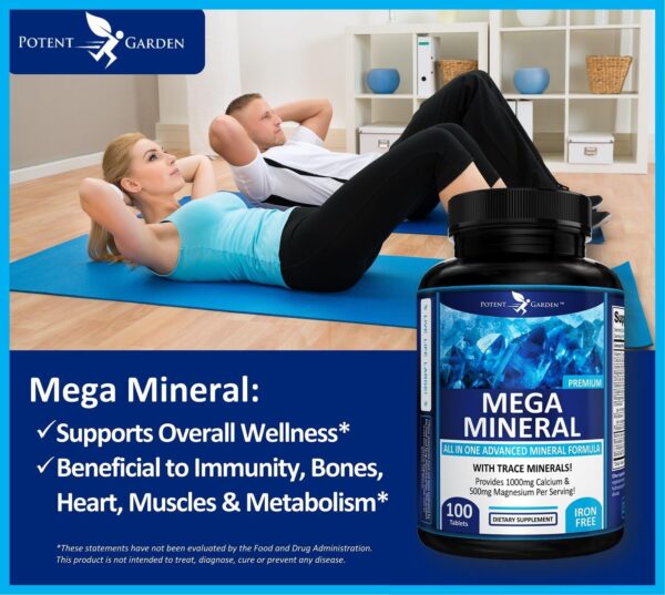 Potent Garden Mega Mineral Supplement Complete Mineral Complex with Calcium Magnesium Zinc Potassium Boron Selenium Chromium & 72 Trace Minerals Iron Free Calcium Supplement -100 Pills