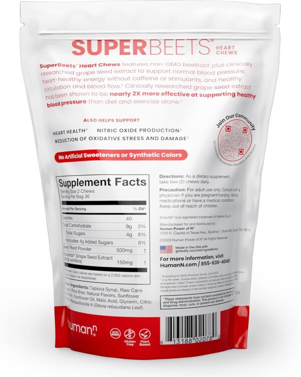 71We6mEesnL._AC_SL1500_.jpg humanN SuperBeets Heart Chews, Nitric Oxide and Blood Pressure Support, Grape Seed Extract & Non-GMO Beet Root Powder Energy Supplement, Pomegranate Berry Flavor, 60 Count