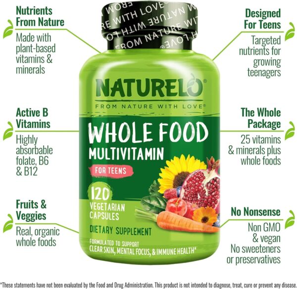 NATURELO Whole Food Multivitamin for Teens - with Vitamins & Minerals for Teenage Boys & Girls - Supplement for Active Kids - Non-GMO - Vegan & Vegetarian - 120 Capsules