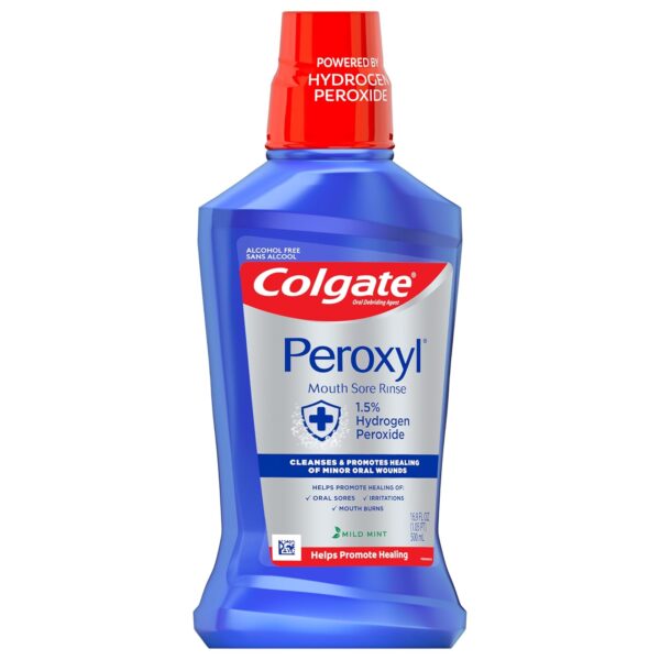 Colgate Peroxyl Antiseptic Mouthwash and Mouth Sore Rinse, 1.5% Hydrogen Peroxide, Mild Mint - 500ml, 16.9 Fluid Ounces