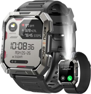 Military Smart Watch for Men (Answer/Make Calls), 2.01'' Smart Watch for Android and iPhone, Fitness Tracker with Flashlight/Compass/100 Days Battery/Heart Rate/Sleep/100+ Sport Modes(2 Straps)