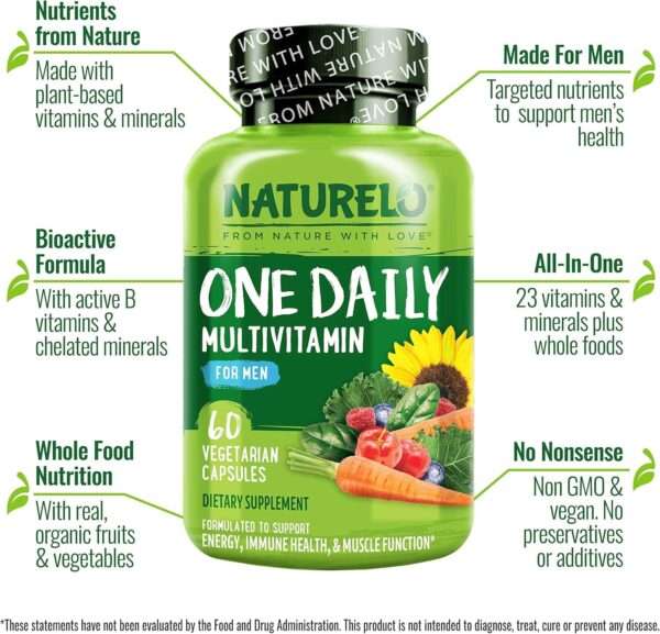 NATURELO One Daily Multivitamin for Men - with Vitamins & Minerals + Organic Whole Foods - Supplement to Boost Energy, General Health - Non-GMO - 60 Capsules - 2 Month Supply
