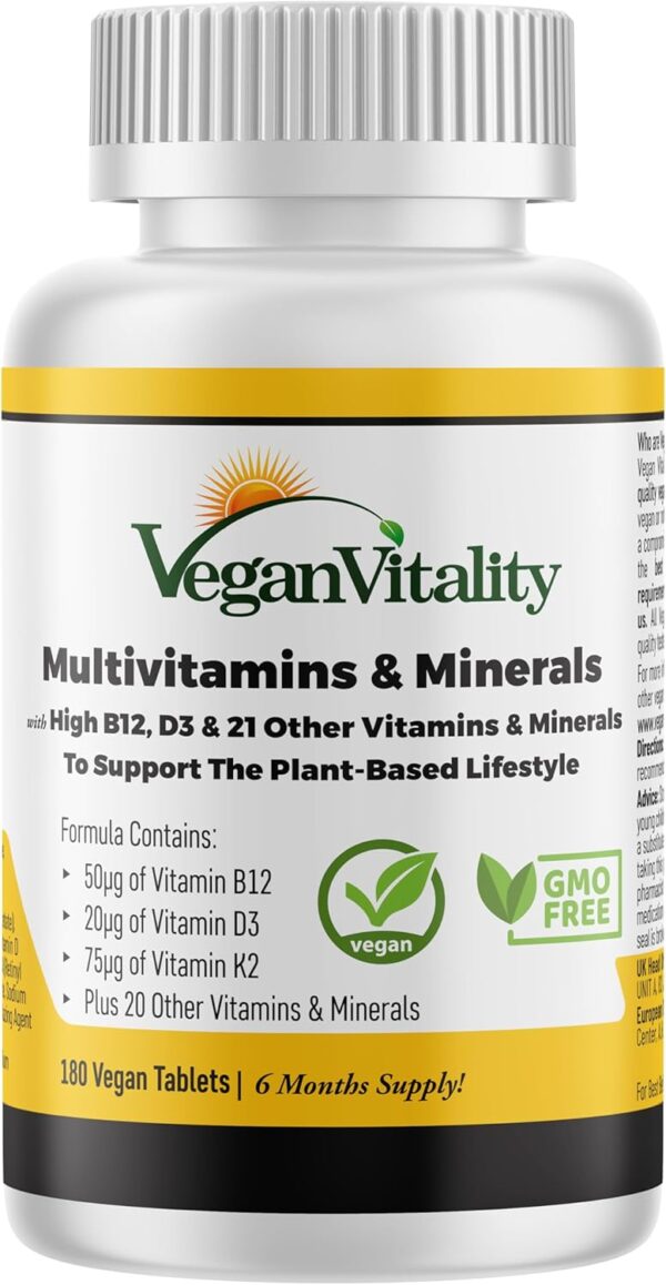 71bRdxt-hoL._AC_SL1500_.jpg Vegan Vitality Multivitamins & Minerals for Women and Men with High Strength Vitamin B12, D3 & K2. 180 Vegan Multivitamin Tablets - 6 Months Supply. Vitamins for Vegans & Vegetarians
