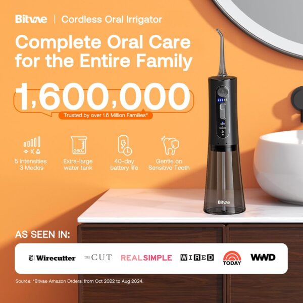 Bitvae Water Dental Flosser for Teeth, Cordless Water Teeth Cleaner Picks, 3 Modes 5 Intensities, IPX7 Waterproof, Rechargeable Water Dental Picks for Cleaning - Black