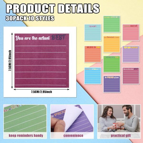 30 Pieces Inspirational Sticky Notes with Lines Sayings, 3 x 3 Inch Mental Health Colors Sticky Notes Appreciation Positive Gifts for Teacher Nurse Coworkers Work Office Supplies