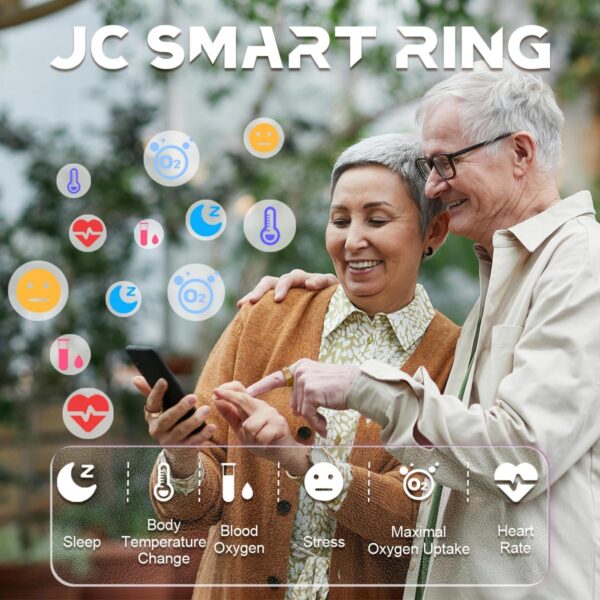 AI Smart Ring JCRing Gen4 Fitness&Sleep Tracking Wearable, Accurate Monitoring of Pedometer, Heart, Temperature, Titanium Ring with Charging Case, APP for iOS & Android(Gold Size11)