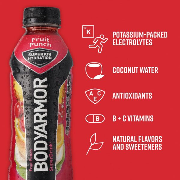 BODYARMOR Sports Drink Sports Beverage, Fruit Punch, Natural Flavors With Vitamins, Potassium-Packed Electrolytes, No Preservatives, Perfect For Athletes, 16 Fl Oz (Pack of 12)