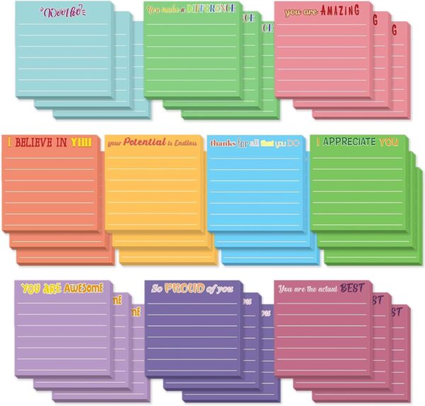 30 Pieces Inspirational Sticky Notes with Lines Sayings, 3 x 3 Inch Mental Health Colors Sticky Notes Appreciation Positive Gifts for Teacher Nurse Coworkers Work Office Supplies