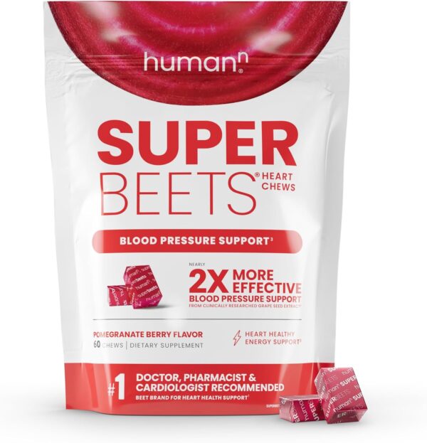 71k72Y2uwL._AC_SL1500_.jpg humanN SuperBeets Heart Chews, Nitric Oxide and Blood Pressure Support, Grape Seed Extract & Non-GMO Beet Root Powder Energy Supplement, Pomegranate Berry Flavor, 60 Count