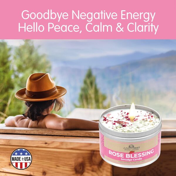 Rose Smudge Candle (6 Oz) - for Meditation & Cleansing Negative Energy - Made in USA with Soy Wax, Essential Oils, Real Sage - Smokeless Alternative to Sage Smudge Sticks