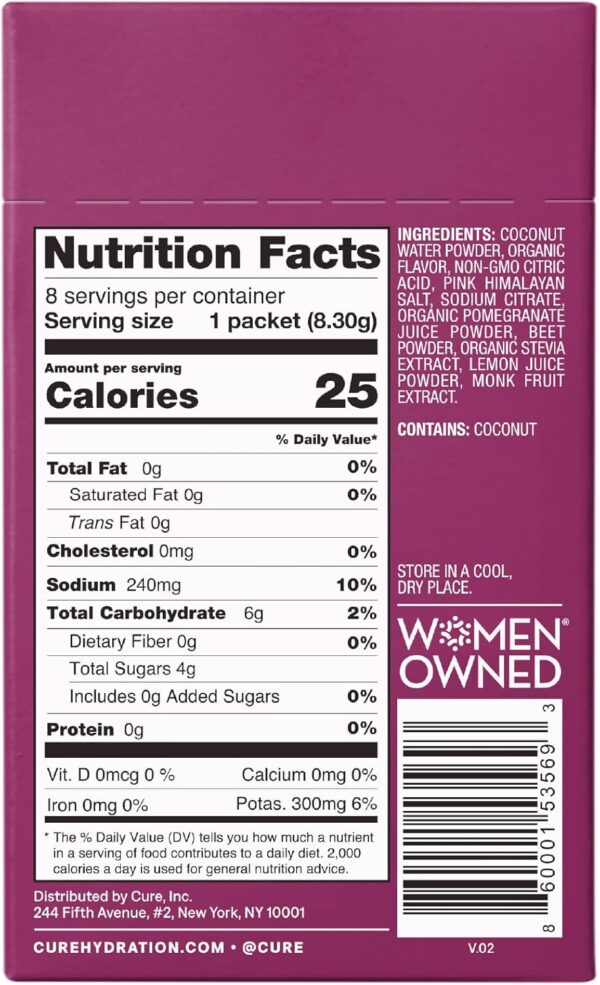 Cure Hydrating Plant Based Electrolyte Mix | Powder for Dehydration Relief | Made with Coconut Water | Non-GMO | No Added Sugar | FSA & HSA | Vegan | Box of 8 Packets - Berry Pomegranate