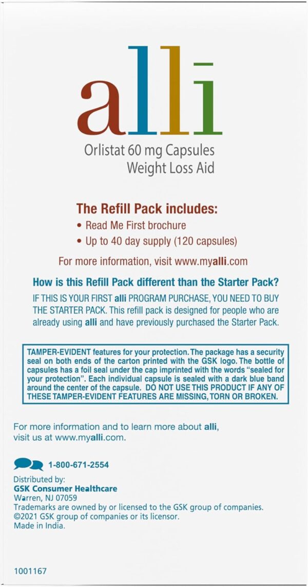 alli Weight Loss Diet Pills, Orlistat 60 mg Capsules, Non Prescription Weight Loss Aid, 120 Count Refill Pack