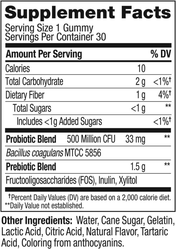 OLLY Probiotic + Prebiotic Gummy, Digestive Support and Gut Health, 500 Million CFUs, Fiber, Adult Chewable Supplement for Men and Women, Peach, 30 Day Supply - 30 Count