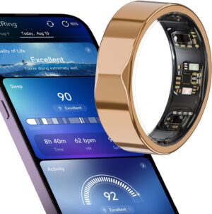 AI Smart Ring JCRing Gen4 Fitness&Sleep Tracking Wearable, Accurate Monitoring of Pedometer, Heart, Temperature, Titanium Ring with Charging Case, APP for iOS & Android(Gold Size11)
