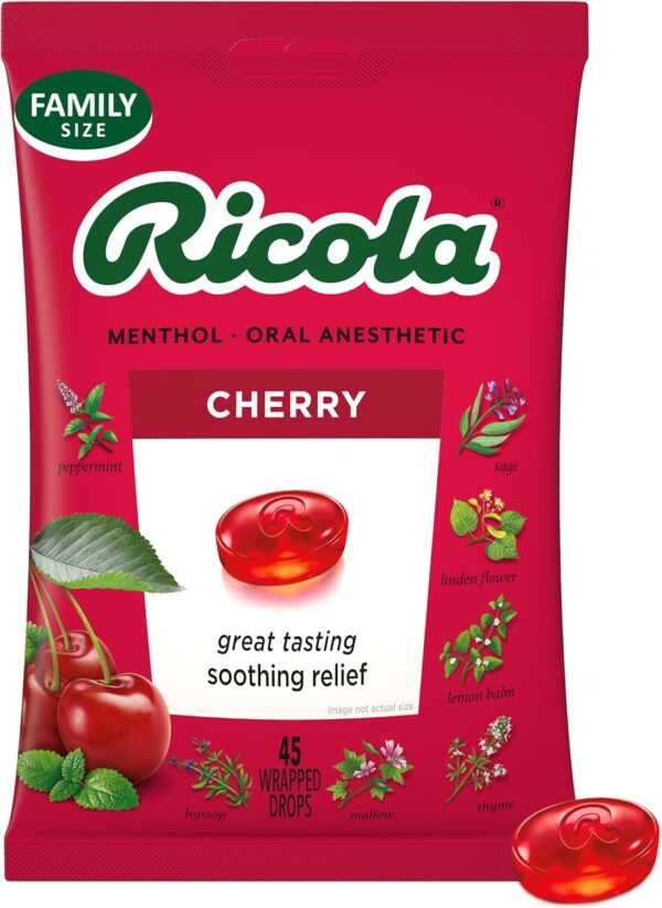 Ricola Cherry Throat Drops, 45 Count, Daily Drops For Delicious Throat Refreshment, Oral Anesthetic, Naturally Flavored