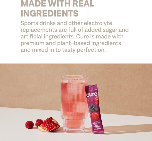 Cure Hydrating Plant Based Electrolyte Mix | Powder for Dehydration Relief | Made with Coconut Water | Non-GMO | No Added Sugar | FSA & HSA | Vegan | Box of 8 Packets - Berry Pomegranate